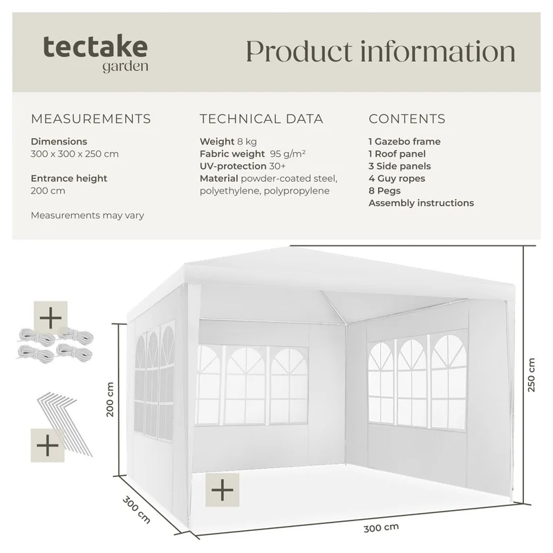 White tectake Gazebo Barinas with 3 side panels, water-resistant, 3x3m