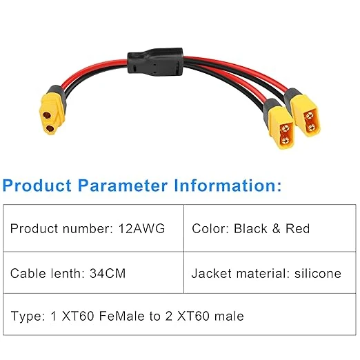 Cabo Ligação Paralela Solar 2x XT60 para 1x XT60 12AWG (0,3m)