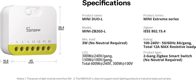 Sonoff módulo inteligente Zigbee 3.0 sem neutro de 2 canais - Sonoff MINI-ZB2G- L