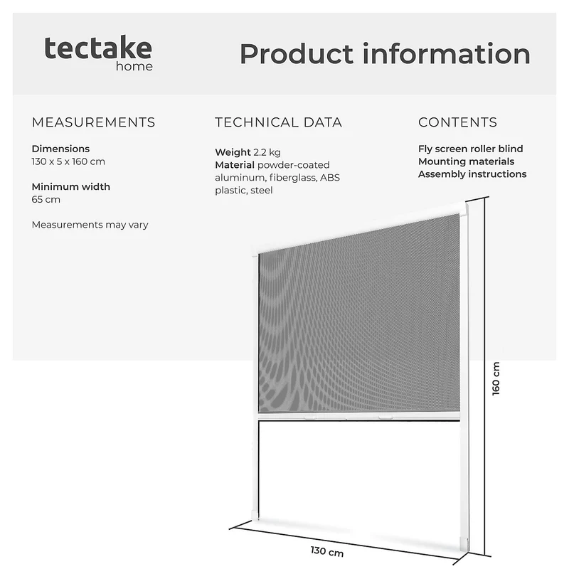 Tectake Fly Screen Roller Blind 130 x 160 cm, White