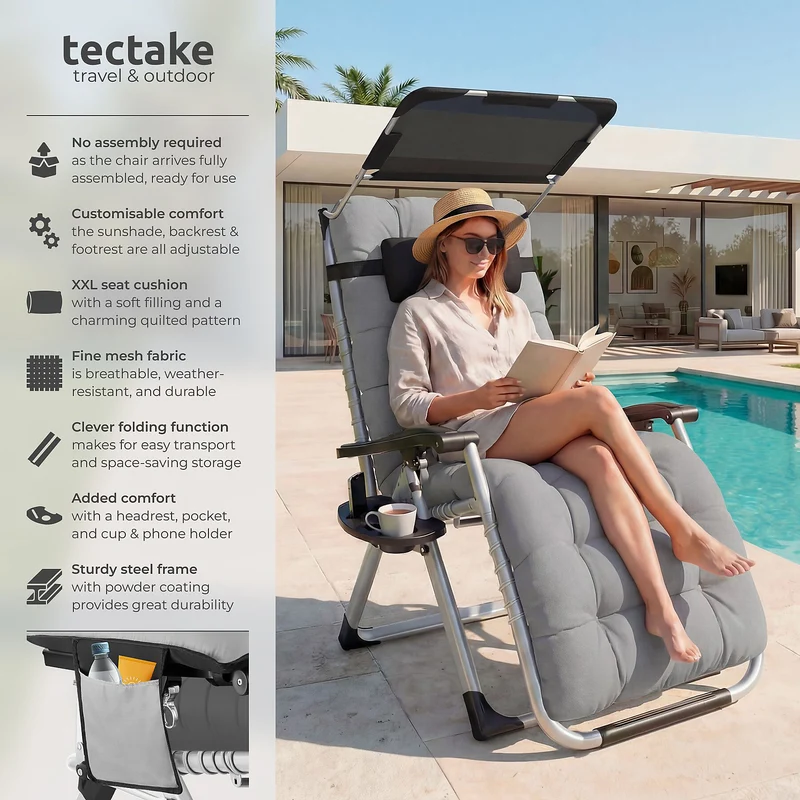 Tectake Sun Lounger Cirrus with Plush Padding and Built-in Sun Shade, Light Grey