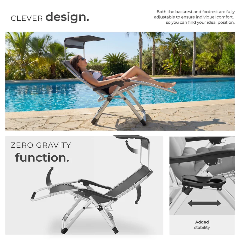Tectake Sun Lounger Cirrus with Plush Padding and Built-in Sun Shade, Light Grey