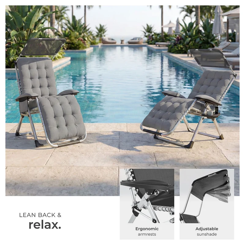 Tectake Sun Lounger Cirrus with Plush Padding and Built-in Sun Shade, Light Grey