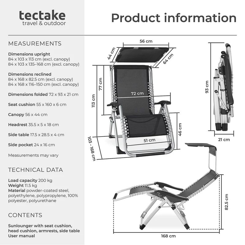 Tectake Sun Lounger Cirrus with Plush Padding and Built-in Sun Shade, Light Grey