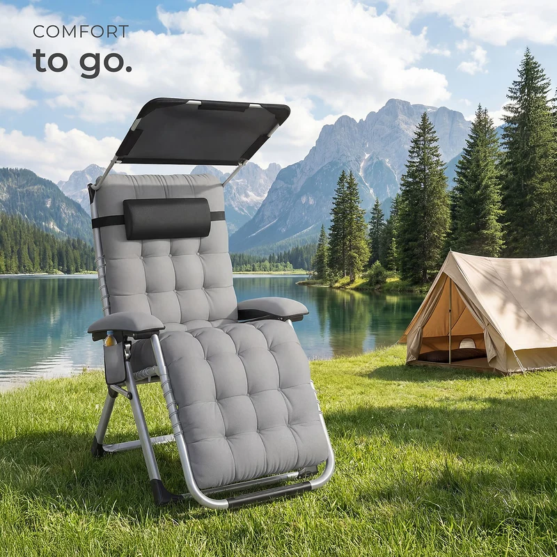 Tectake Sun Lounger Cirrus with Plush Padding and Built-in Sun Shade, Light Grey