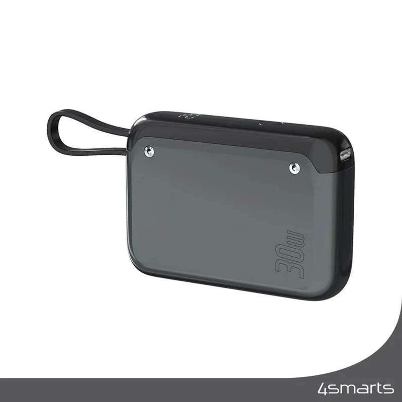 4Smarts Pocket 10.000 mAh powerbank, 30W USB-C, integreret kabel, Space Gray