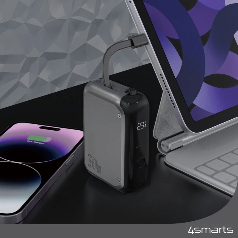 4Smarts Pocket 10.000 mAh powerbank, 30W USB-C, integreret kabel, Space Gray