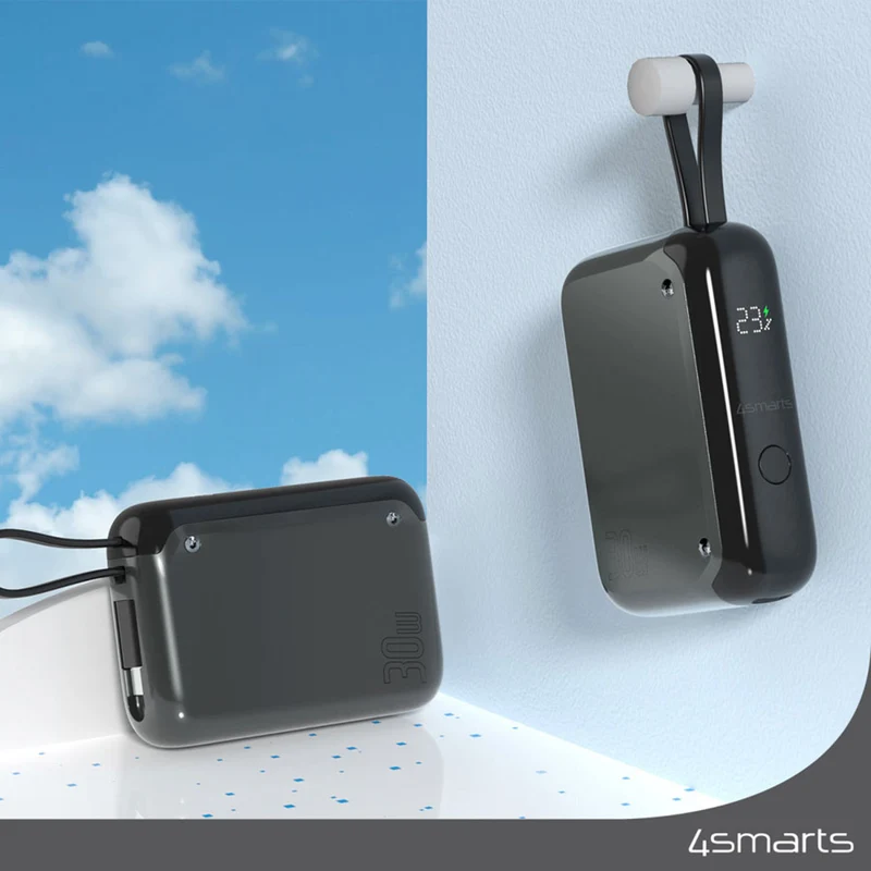 4Smarts Pocket 10.000 mAh powerbank, 30W USB-C, integreret kabel, Space Gray