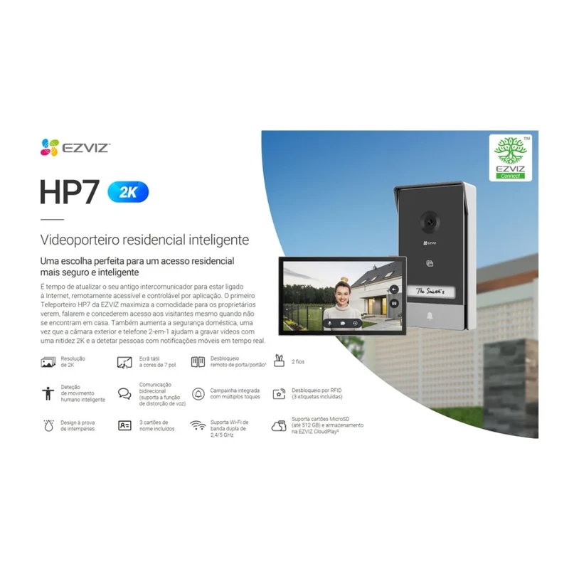 Ezviz Kit Video-porteiro inteligente WiFi / 2 Fios c/ câmara 2K + monitor 7'' + leitor RFID - Ezviz CS-HP7