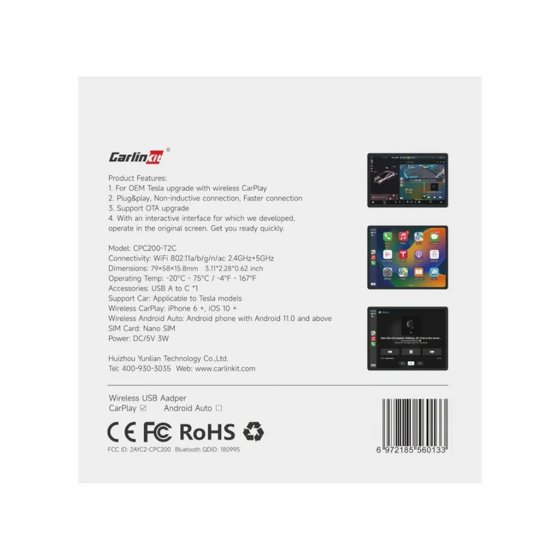 CarlinKit Compatível com Tesla Dongle Android Auto Carplay Sem fios Wifi Bluetooth Adaptador - CarlinKit CPC200T2C