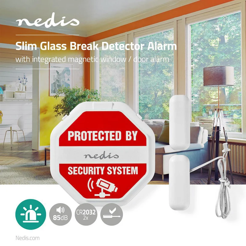 Deur- en raamalarm met sirene Glasbreuksensor / Magnetische sensor - Batterij Gevoed - 2x CR2032