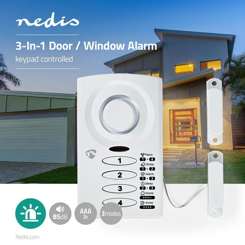 Deur- en raamalarm met sirene Magnetische sensor / Toetsenbord - Batterij Gevoed - 3x AAA/LR03