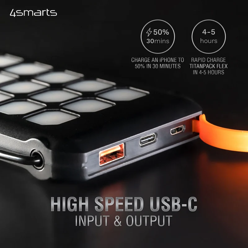 4Smarts TitanPack 10.000 mAh solcelle powerbank m. stand, 18W PD & QC 3.0, Sort