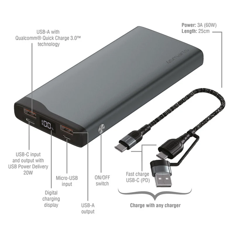 4Smarts VoltHub Pro 10.000 mAh powerbank, 22.5W USB-C PD og QC 3.0, Gunmetal