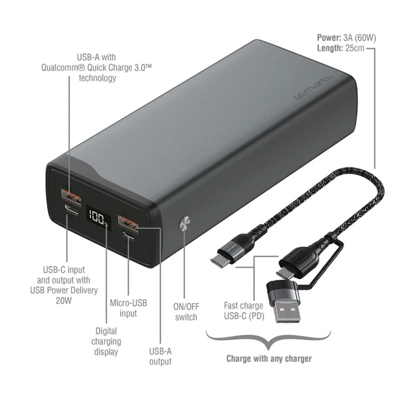 4Smarts VoltHub Pro 26.800 mAh powerbank, 22.5W USB-C PD og QC 3.0, Gunmetal