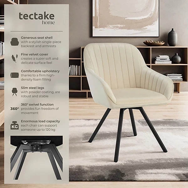 Lounge Armchair Accent Chair 360 Swivel Slim Steel Legs Velvet Fabric, Cream