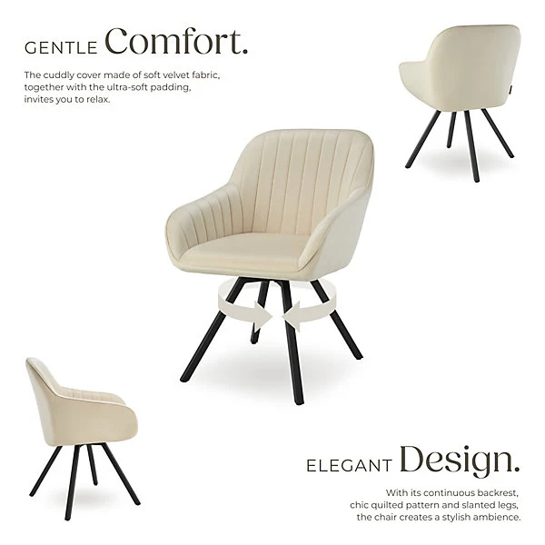 Lounge Armchair Accent Chair 360 Swivel Slim Steel Legs Velvet Fabric, Cream