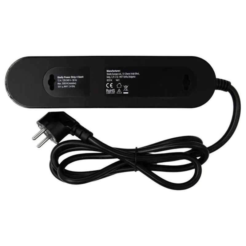 Shelly Extensão Inteligente Multiprotocolo com 4 Tomadas e Medição Individual 1,5m -Shelly Power Strip 4 Gen4 Black em Preto
