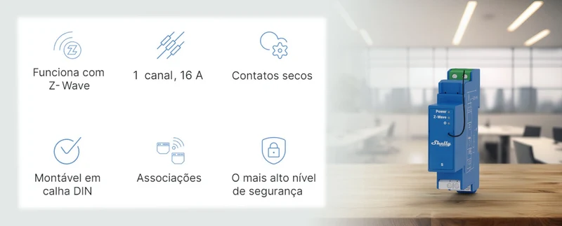Shelly Módulo Z-Wave™ de 1 Canal com Contacto Seco p/ Calha DIN – 110-240 V AC / 16 A - Shelly Qubino Wave PRO 1