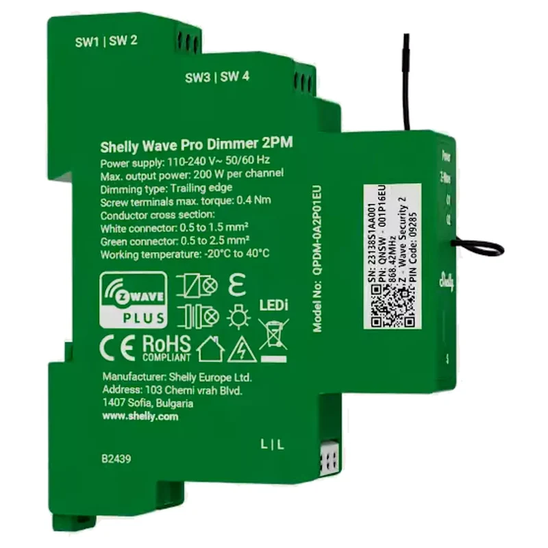 Shelly Dimmer Inteligente Z-Wave 2 canais 2×200W p/ calha DIN - Shelly Wave Pro Dimmer 2PM