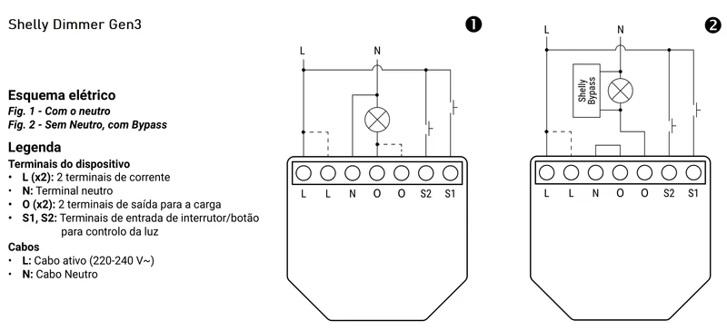 Shelly Dimmer Inteligente WiFi p/ Iluminação (Instalação sem Neutro com Shelly bypass) - Shelly Dimmer Gen3