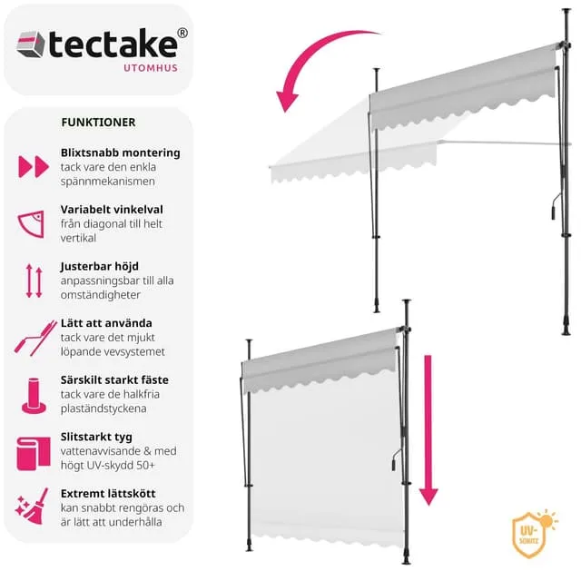 Awning with Hand Crank, Height Adjustable - 250 x 180 cm, Light Grey