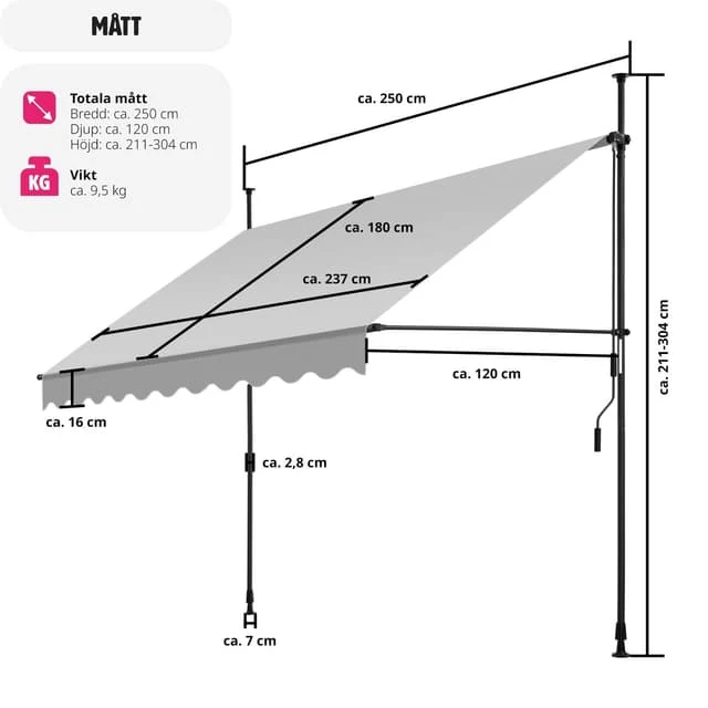 Awning with Hand Crank, Height Adjustable - 250 x 180 cm, Light Grey