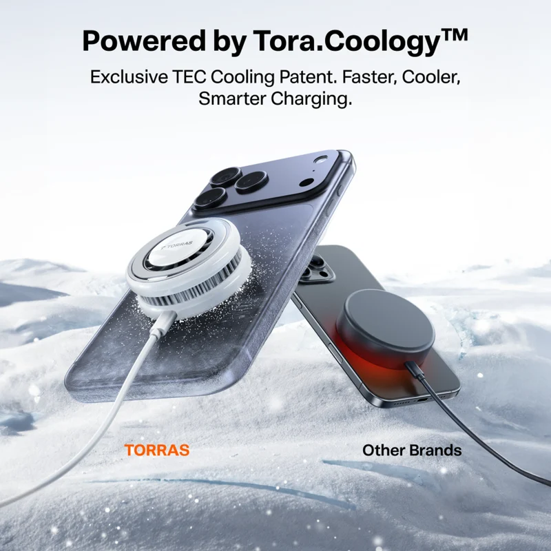 TORRAS Ostand PolarCircle 15W Trådløs MagSafe Oplader m. nedkøling og kickstand, Sort