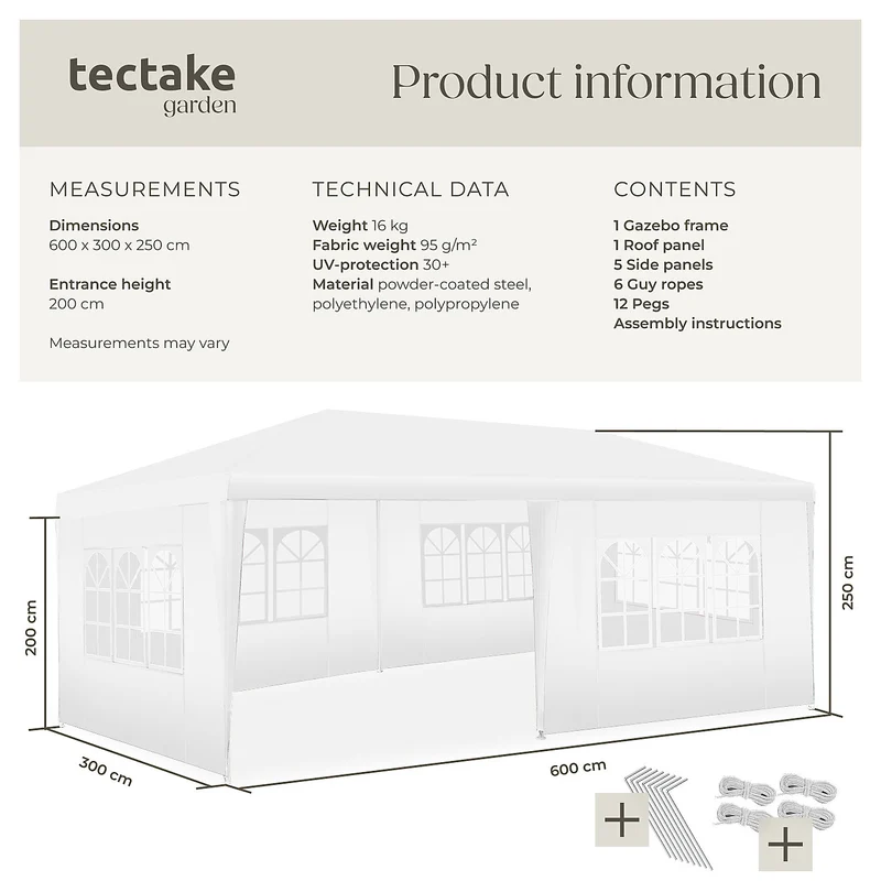Tectake Novara Gazebo 6x3m (600 x 300 x 250 cm), White