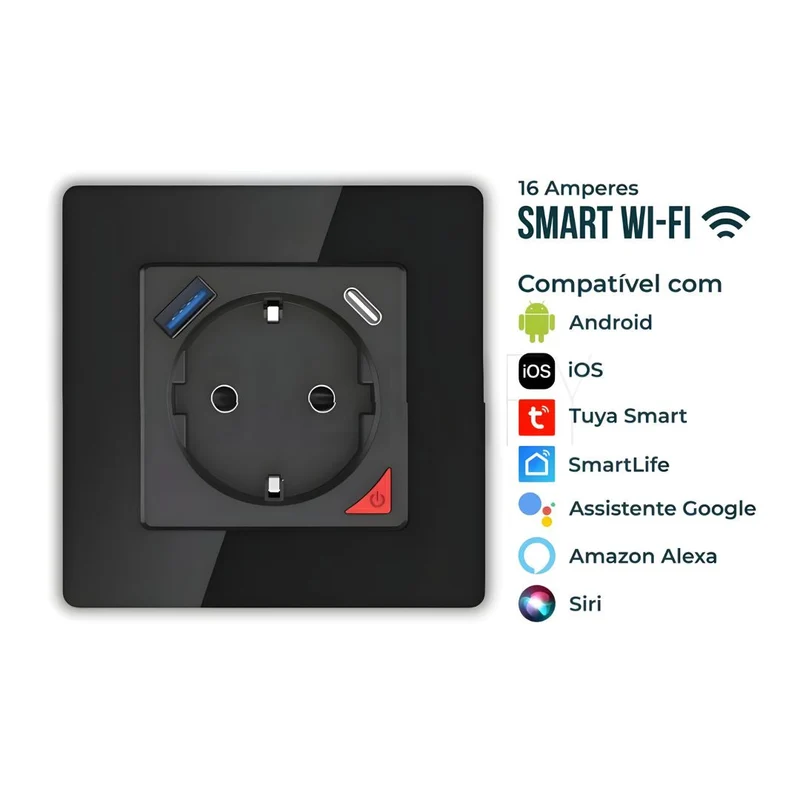 Tomada Inteligente Embutida 16A 3500W WiFi + USB-C e USB-A Smartify - Preto