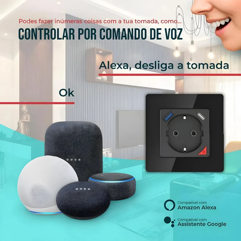 Tomada Inteligente Embutida 16A 3500W WiFi + USB-C e USB-A Smartify - Preto