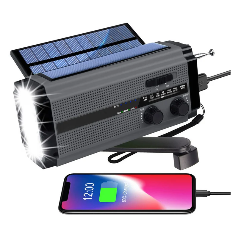 Lippa FM nødradio, håndsving, solcellepanel, 5.000 mAh powerbank, Sort