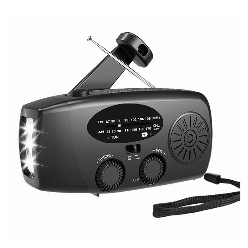 Lippa FM nødradio med håndsving og solceller, 2.000 mAh powerbank, Sort
