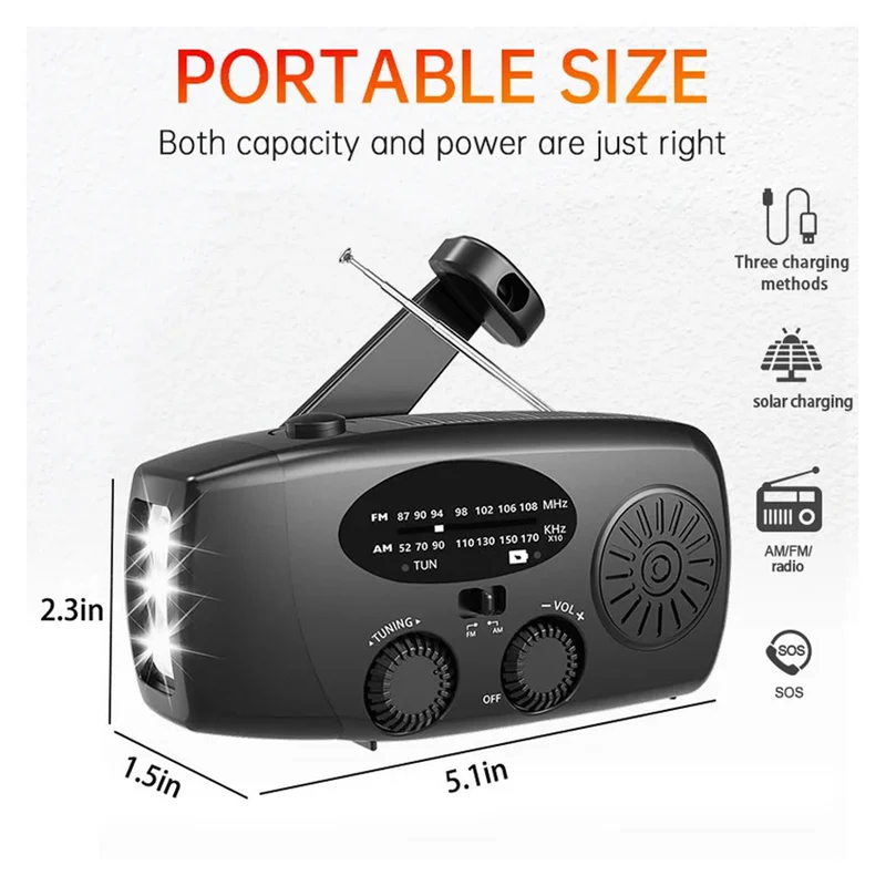 Lippa FM nødradio med håndsving og solceller, 2.000 mAh powerbank, Sort