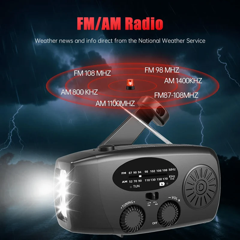 Lippa FM nødradio med håndsving og solceller, 2.000 mAh powerbank, Sort
