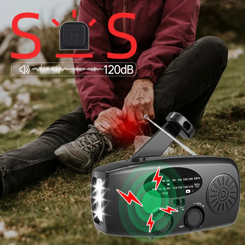 Lippa FM nødradio med håndsving og solceller, 2.000 mAh powerbank, Sort