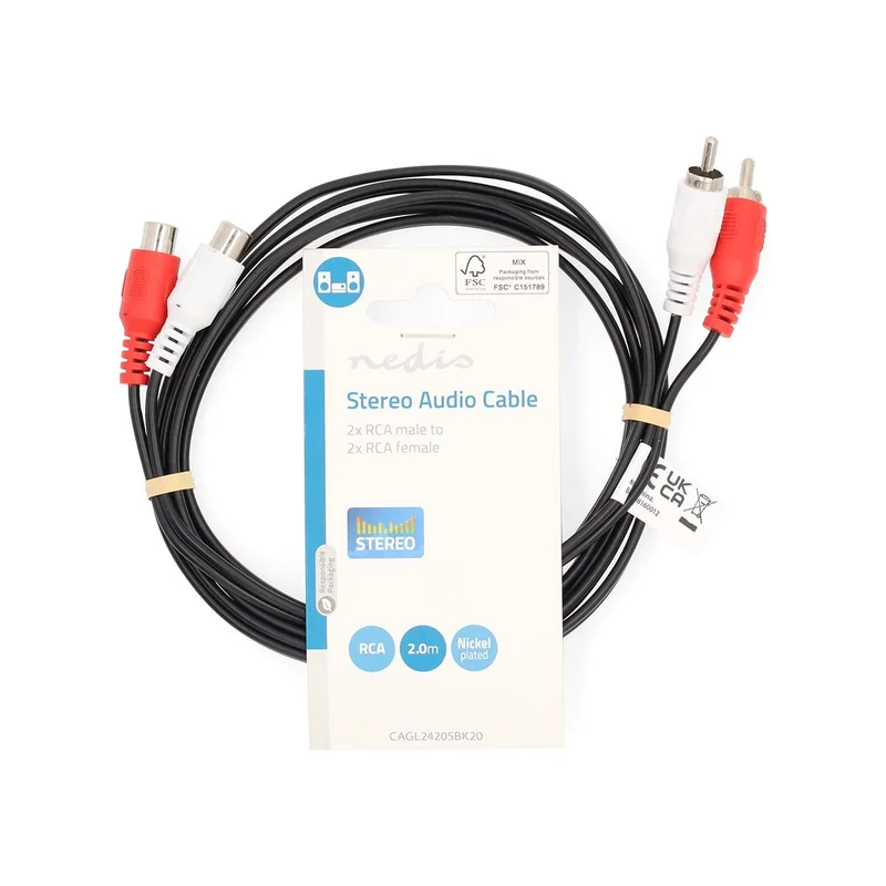 Stereo-Audiokabel 2x RCA Male - 2x RCA Female - Vernikkeld
