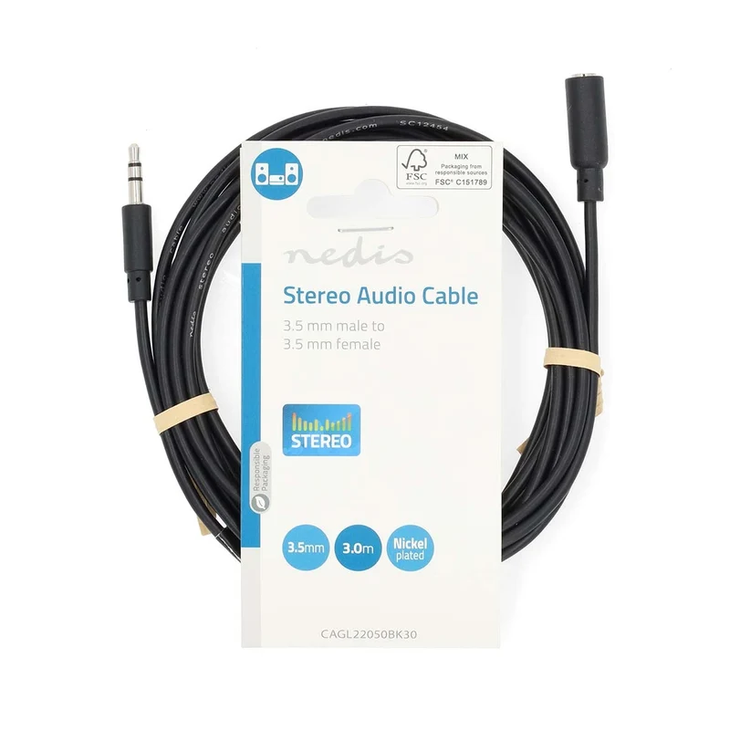 Stereo-Audiokabel 3,5 mm Male - 3,5 mm Female - Vernikkeld