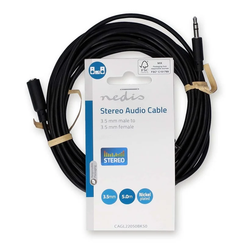 Stereo-Audiokabel 3,5 mm Male - 3,5 mm Female - Vernikkeld