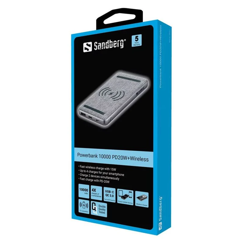 Sandberg 10000 mAh, PD og QC output, Qi trådløs powerbank, Grå