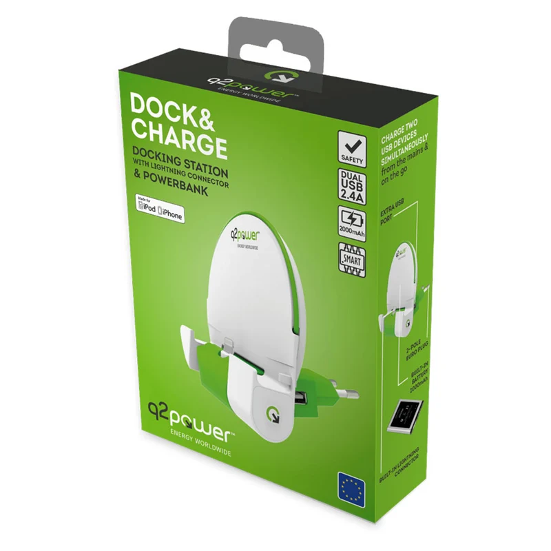 Q2Power Dock and Charge 2.000 mAh powerbank og vægoplader med lightning stik