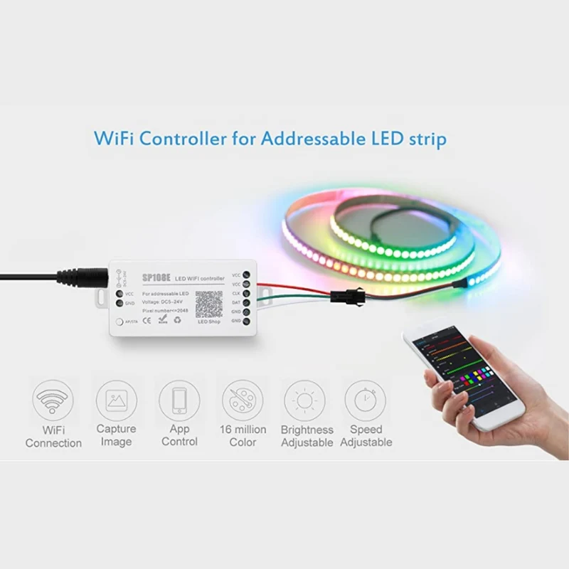 Controlador LED IC Pixel WiFi RGB/RGBW - 5-24V DC - 2048 Pixels