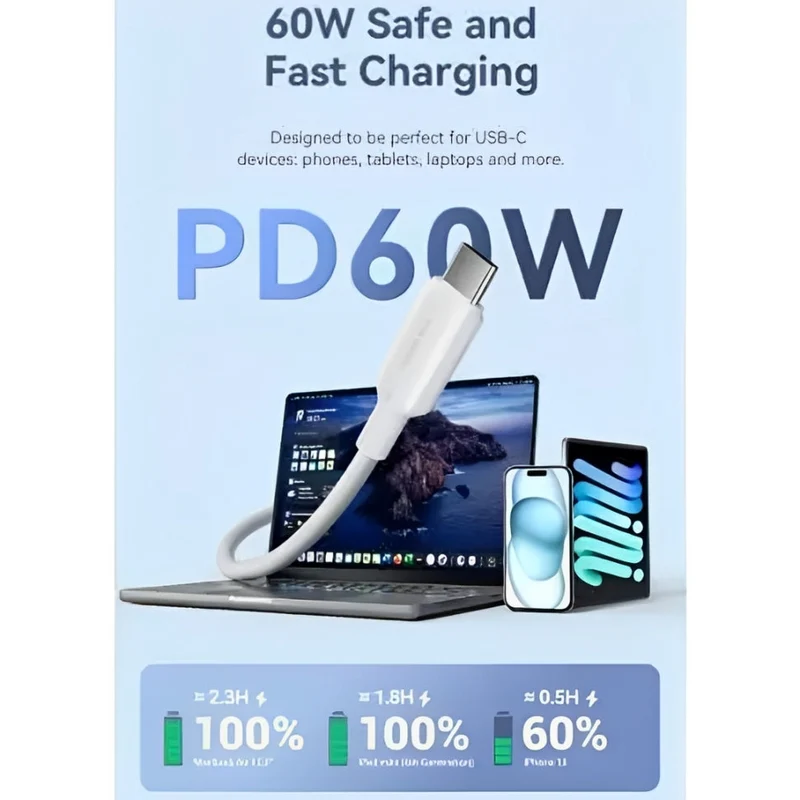 Cabo USB-C 60W - USB-C 480Mbps - Preto - 2.0m - Vention TRCBH