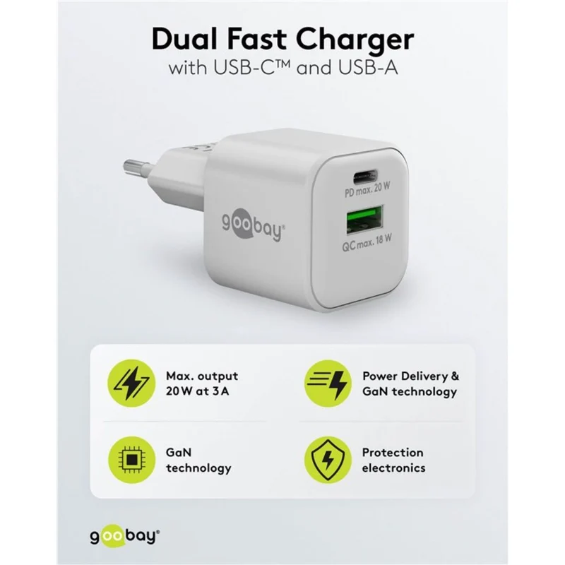 Goobay Carregador GaN 1×USB-A QC + 1×USB-C PD (20W) em Branco – 65865