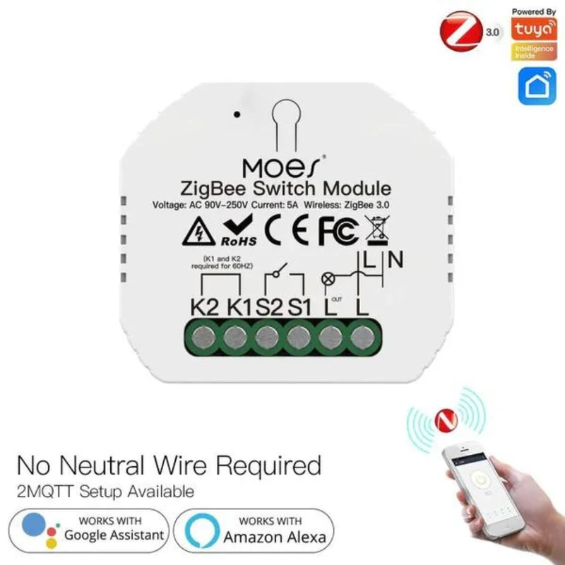 Moes Módulo Interruptor de Luz Inteligente 1 canal Sem Neutro - Smart Zigbee + RF433