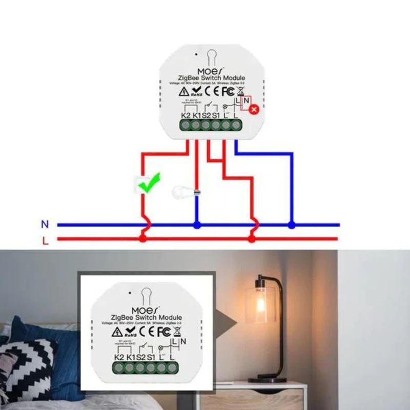 Moes Módulo Interruptor de Luz Inteligente 1 canal Sem Neutro - Smart Zigbee + RF433