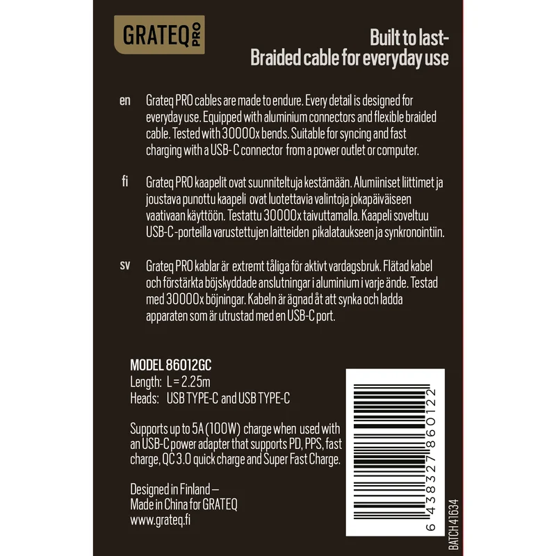 Grateq Pro USB-C to USB-C Cable 100 W 2.25 m