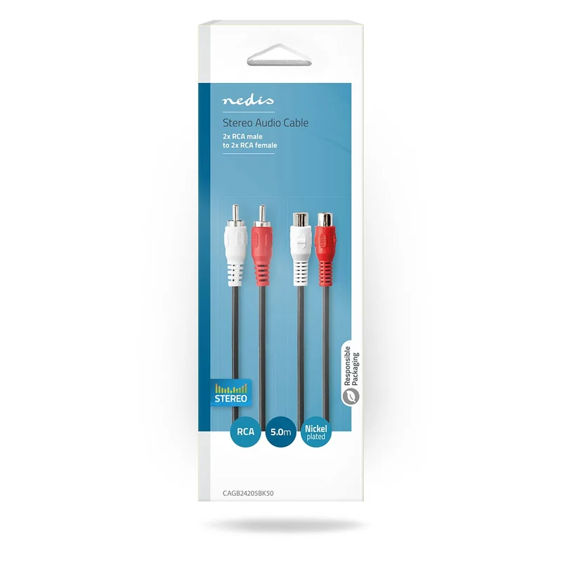 Stereo-Audiokabel 2x RCA Male - 2x RCA Female - Vernikkeld