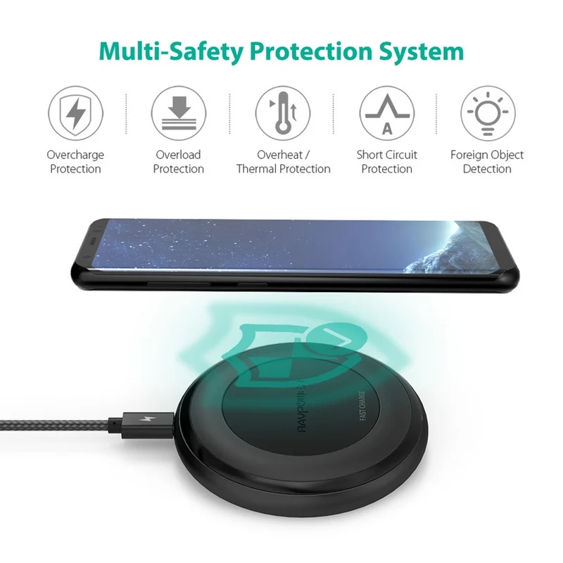 RAVPower Trådløs Qi Oplader, 10W + Quick Charge 3.0 vægoplader
