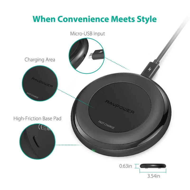 RAVPower Trådløs Qi Oplader, 10W + Quick Charge 3.0 vægoplader